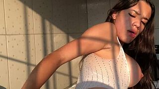 Beautiful Brunette Flashes Curvy Tits and Ass During Workout