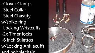 Sissy gets ready for extreme self-bondage with a massive black dildo.