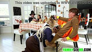 Blonde and brunette step family gather for taboo Thanksgiving fun together