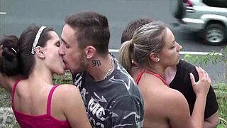 Cum on Huge Krystal Swift Tits in Public Sex with Two Couples Foursome Orgy by Highway