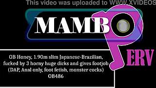 Oh wow, slim Japanese-Brazilian gets pounded by 3 massive dicks with footjob!