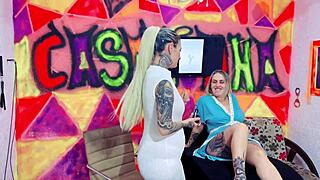 Wild Blowbang at Tattoo Studio with Gaping Pink Pussy