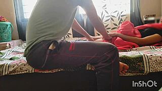 Desi bhabhi in red saree lures servant to slide his hard dick into her wet slit