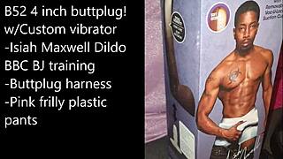 Sissy gets ready for extreme self-bondage with a massive black dildo.