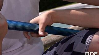 Busty redhead lola fauve casually fucks the pool boy and swallows his enormous cock