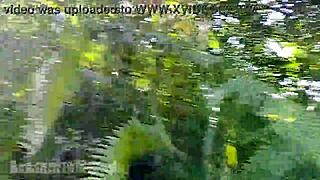 Hairy babe, Look at me jogging topless in just a thong outdoors!