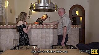 Hey, skinny Russian peach talks with boyfriend's dad before they screw