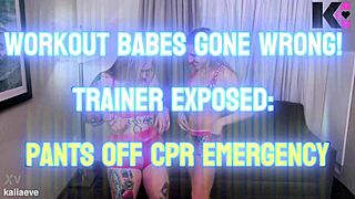 workout babes gone wrong, trainer pants off, cpr emergency, help!