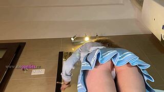 Hot Skinny Blonde Wife Rocks Blue Miniskirt with White Cotton Panties Underneath