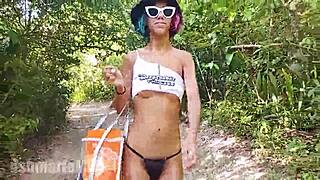 Hairy babe, Look at me jogging topless in just a thong outdoors!