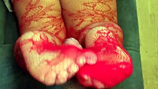 Chubby wife in red stockings nails intense footjob