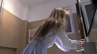 Hot Skinny Blonde Wife Rocks Blue Miniskirt with White Cotton Panties Underneath