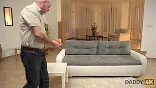 Hey, skinny Russian peach talks with boyfriend's dad before they screw