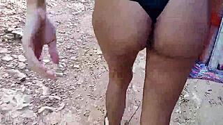 Hairy babe, Look at me jogging topless in just a thong outdoors!