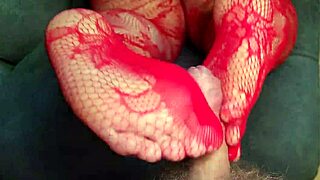 Chubby wife in red stockings nails intense footjob