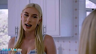 Blonde sweetheart massages roommate before tasting her wet trimmed pussy