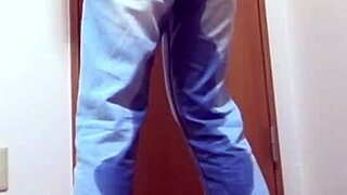 Girl pees her jeans because brother uses bathroom