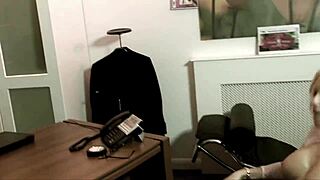 Blonde secretary in fishnets seduces and screws the big boss on his desk