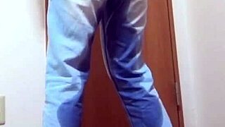 Girl pees her jeans because brother uses bathroom