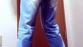 Girl pees her jeans because brother uses bathroom