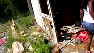 Black milf rides cock outdoors in fishnets and heels