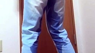 Girl pees her jeans because brother uses bathroom