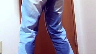 Girl pees her jeans because brother uses bathroom