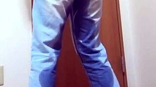 A guy is taking a crap and his sister peed her jeans