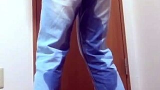 Girl pees her jeans because brother uses bathroom