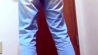 Girl pees her jeans because brother uses bathroom