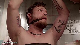 I can't stop watching this huge tits butcher dominate and fuck a bound man