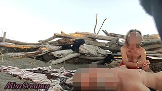 Public flashing on a nude beach turns wild with sucking and a big cock cumshot in front of everyone - MissCreamy.