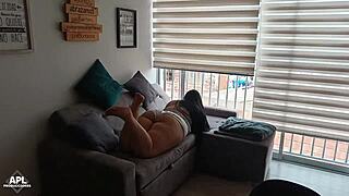 this chubby brunette slut shows off big tits in dorm voyeur