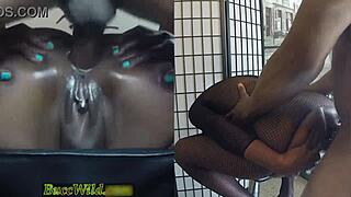 young ebony girl in fishnets sits on barstool during one-on-one chat