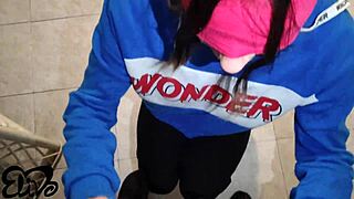 The girl in heels is cumming on her tongue and swallowing