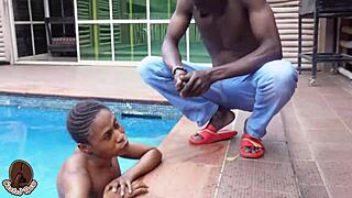 Petite skinny girl with small tits takes big black cock by the pool after swimming