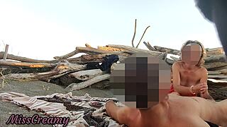Public flashing on a nude beach turns wild with sucking and a big cock cumshot in front of everyone - MissCreamy.