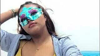 Brunette student gropes her big tits before exams in uniform.