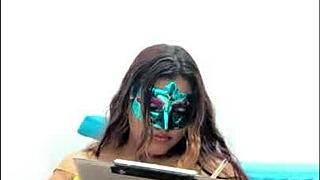 Brunette student gropes her big tits before exams in uniform.