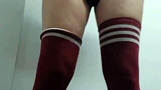 cheeky change room slut tries on tops topless, nude in thigh highs without panties