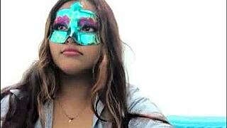 Brunette student gropes her big tits before exams in uniform.