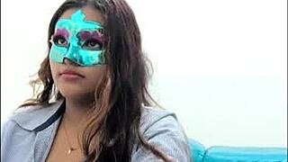 Brunette student gropes her big tits before exams in uniform.