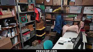 Hey, Caucasian female caught stealing at store! Detained by PervCop for hardcore office punishment over the desk.