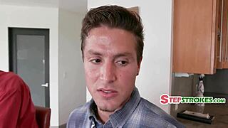stepmom gets banged by stepson through pants hole while cooking