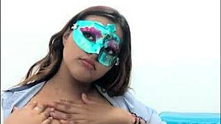 Brunette student gropes her big tits before exams in uniform.