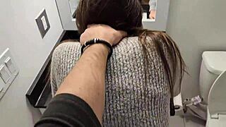 Petite Girl Moans Loudly While Bent Over in Toilet