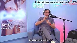 Cristina Vega on webcam as a Latina model uses a machine on Juan Bustos podcast