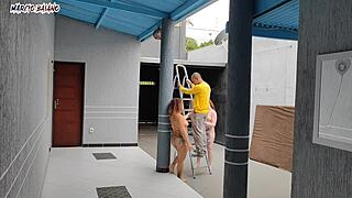 Naked bosses welcome visitor for interracial creampie in garage