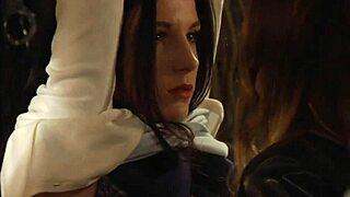 naughty lesbian mistress masturbates intensely watching bound slaves