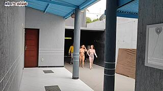 Naked bosses welcome visitor for interracial creampie in garage